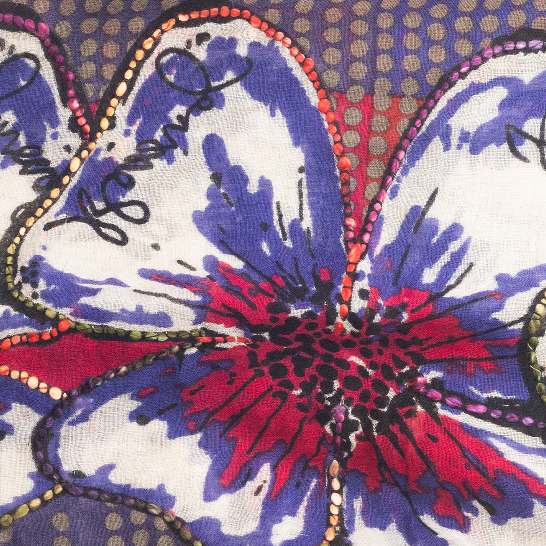 Embroidered Abstract Floral Luxurious Woolen Scarf With Thick Thread Embroidery Accents