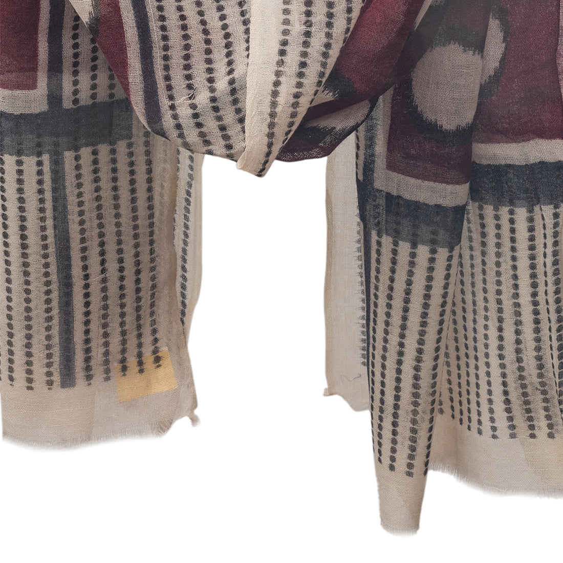 Dark Red Woolen Scarf With Black & White Polka Dots And Stripes