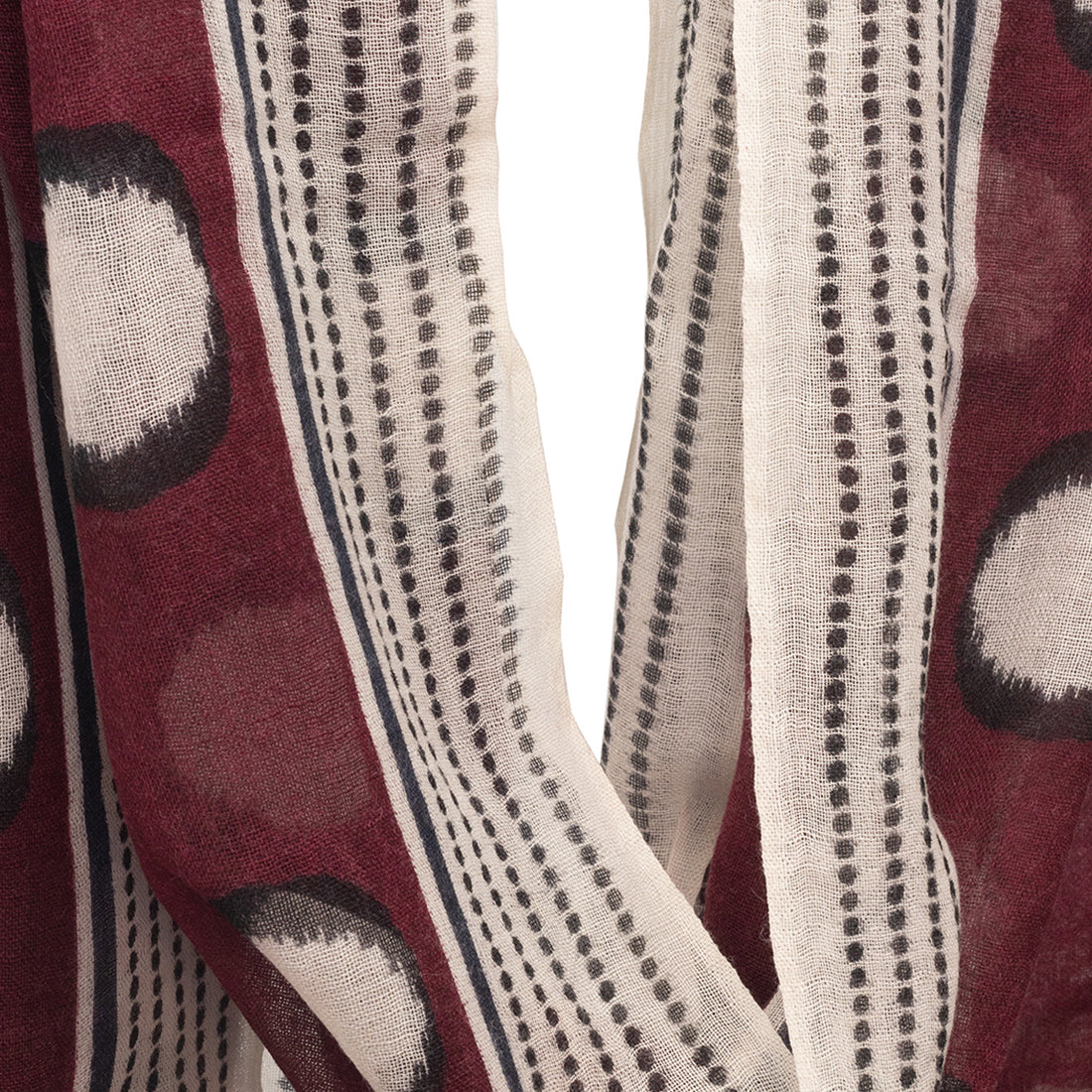 Dark Red Woolen Scarf With Black & White Polka Dots And Stripes