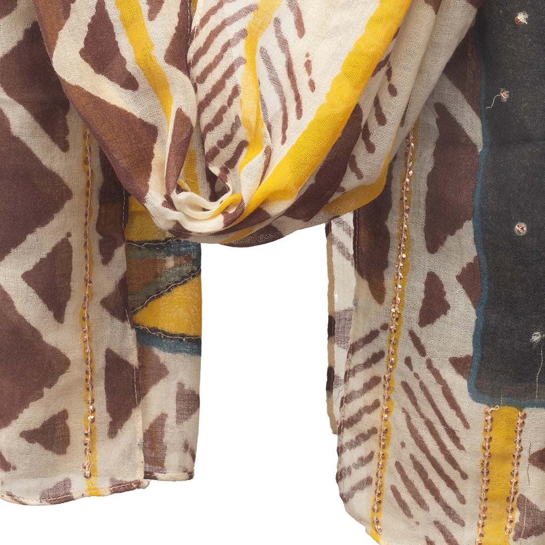 Gold Sequin-Embellished Woolen Scarf In Yellow, Beige, And Brown