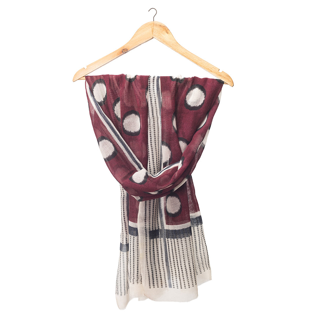 Dark Red Woolen Scarf With Black & White Polka Dots And Stripes