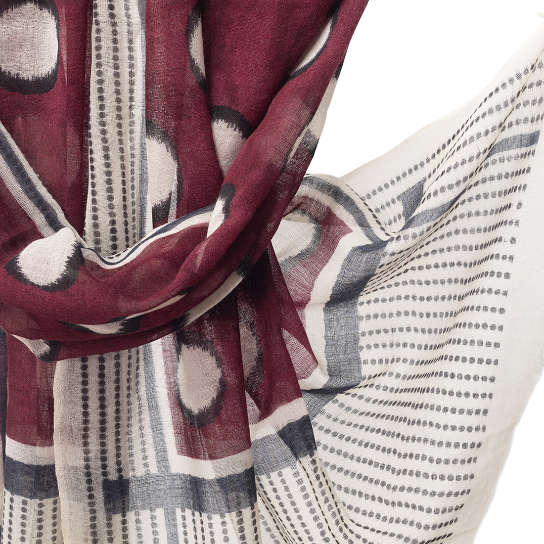 Dark Red Woolen Scarf With Black & White Polka Dots And Stripes
