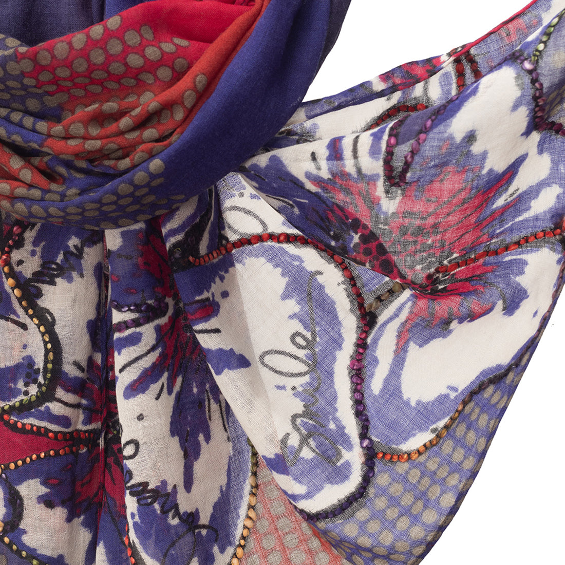 Embroidered Abstract Floral Luxurious Woolen Scarf With Thick Thread Embroidery Accents