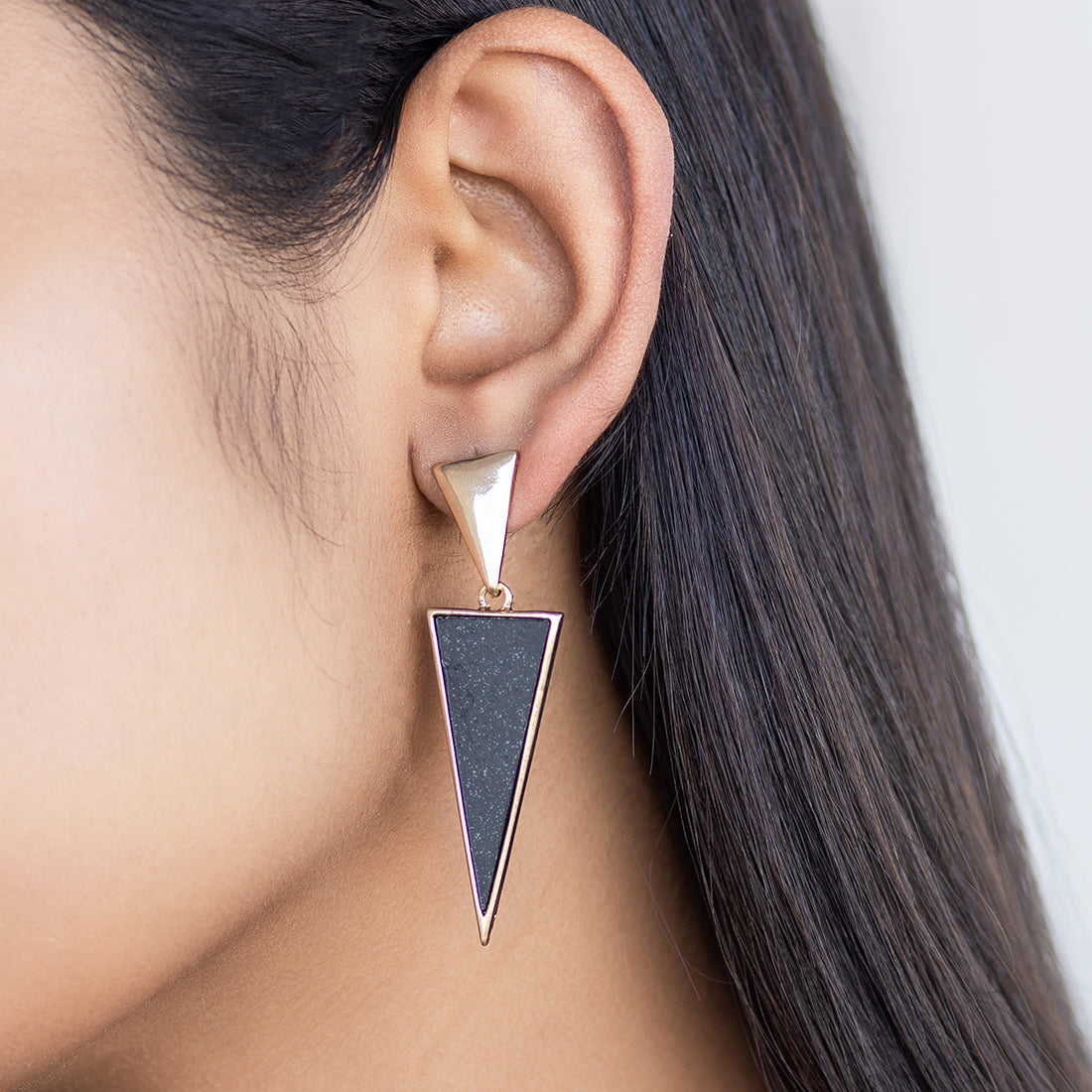 Contemporary Black Acrylic Gold-Toned Double Triangular Drop Earrings