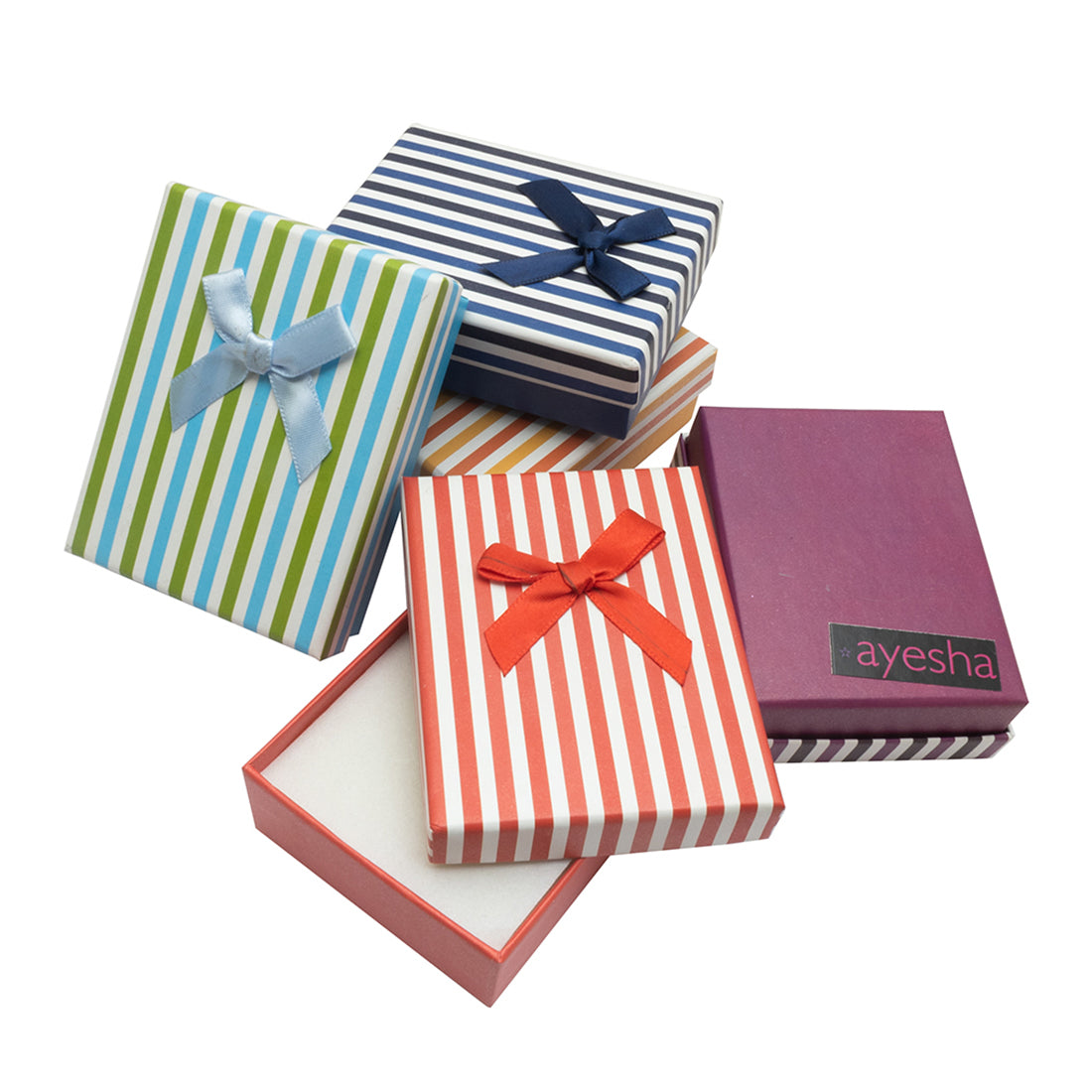 Set of 5 Multicolor Red, Purple, Blue, Yellow & Navy Blue Striped with Ribbon Gift Box Set