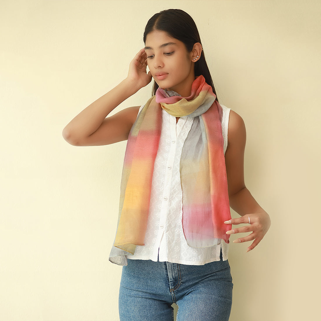 Shades of Yellow, Orange & Grey Ombre Patches Silk-Cotton Blend Crinkle Effect Scarf