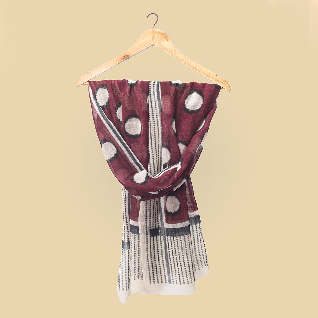 Dark Red Woolen Scarf With Black & White Polka Dots And Stripes