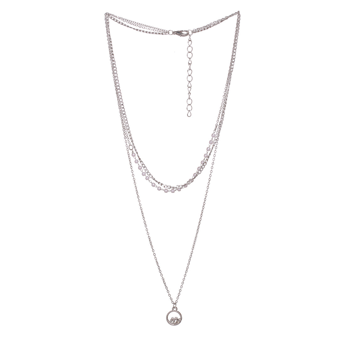3-Layered Silver Chain Necklace With Delicate Pearls And Minimalist Rhinestone Pendant