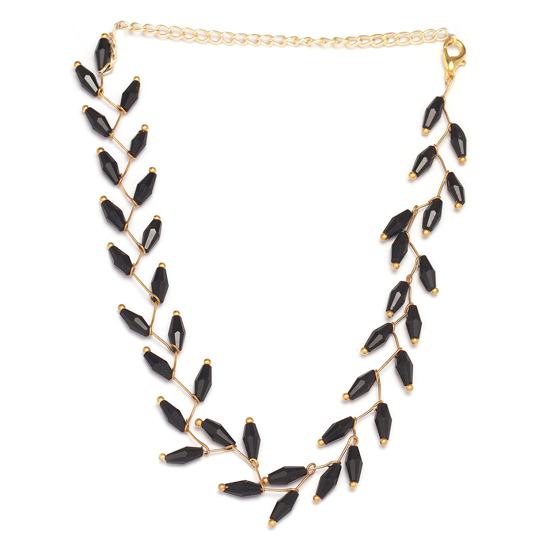 Gold-Tone Necklace With Black Oval-Shaped Translucent Beads In A Leaf Pattern