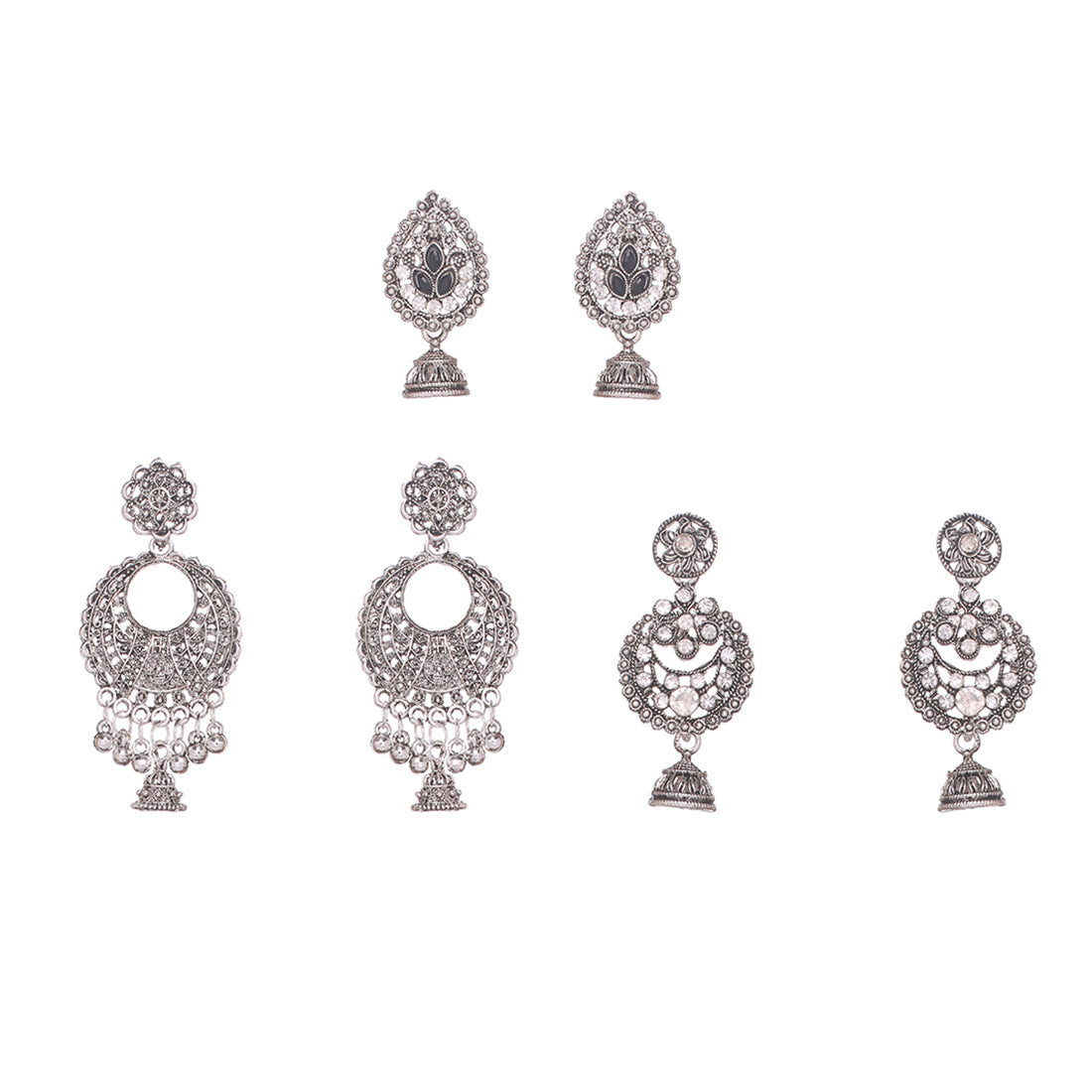 Set Of 3 Ethnic Silver Chambali Earrings With Small Jhumki Danglers