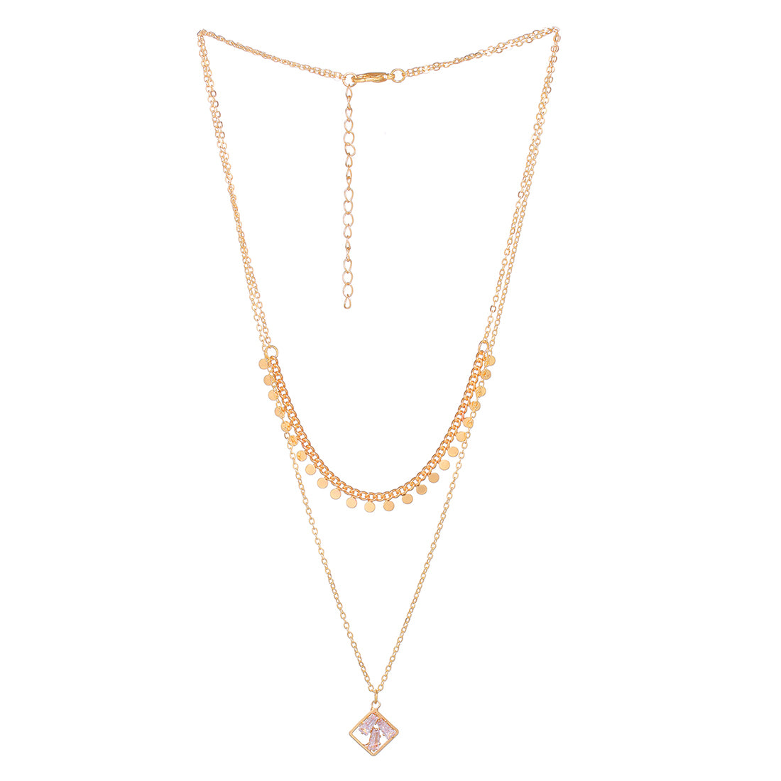 Double Layered Gold Chains With Rhinestone Minimalist Pendant