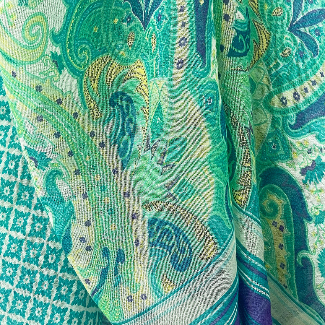 Green, Blue & White Abstract Paisley, Mandala & Striped Printed Viscose Scarf