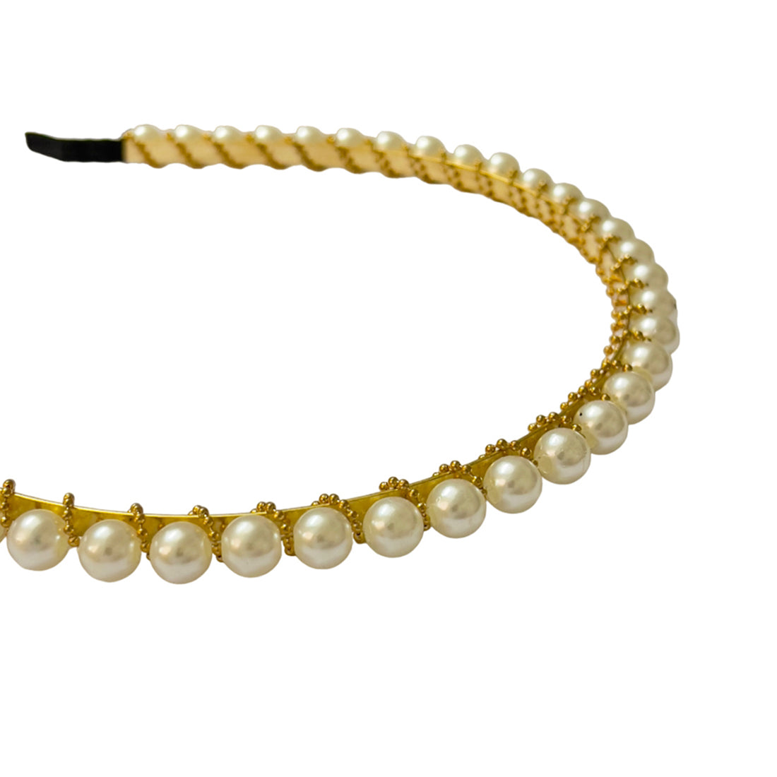 White Pearls Studded with Gold Wire Wrapped Gold-Toned Hairband
