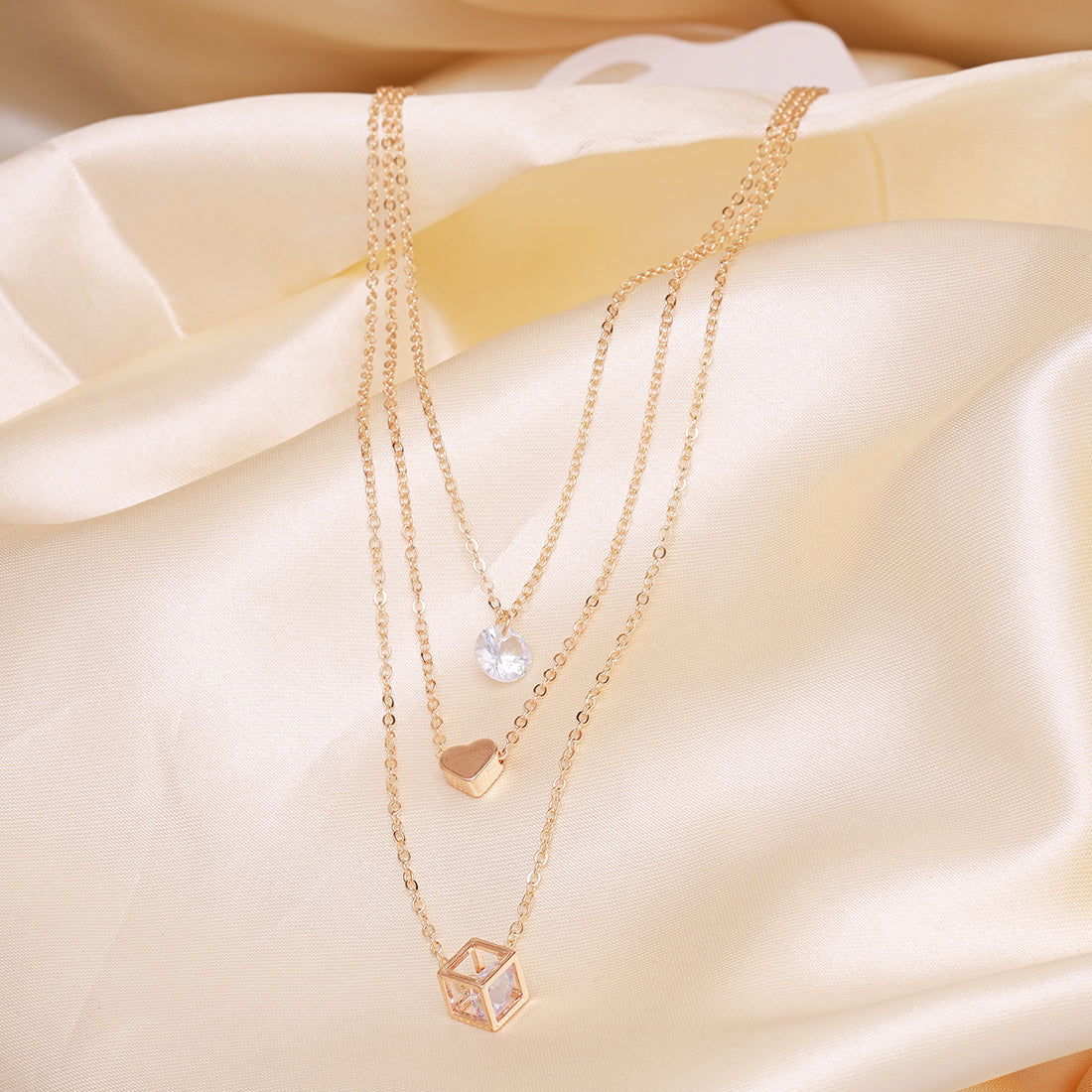 Three Layered Diamonti & Heart & Cube Shape Gold-Toned Pendant Necklace
