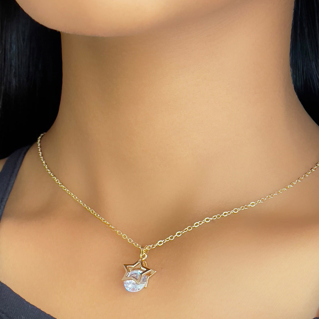 Star Diamante Mini Pendant Gold-Toned Dainty Necklace