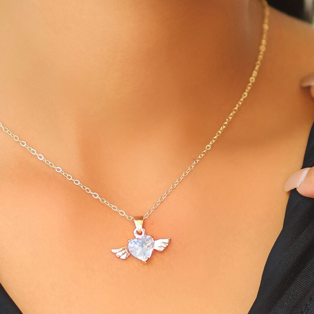 Diamante Heart with Wings Gold-Toned Mini Pendant Necklace