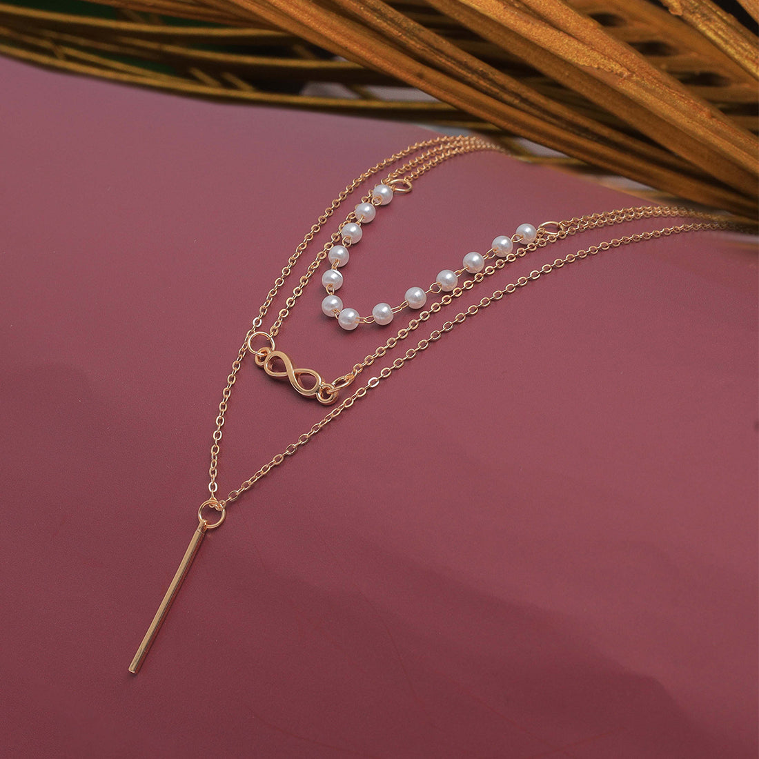 Trendy Three Layered Gold Necklace with Pearls Chain and Infinity