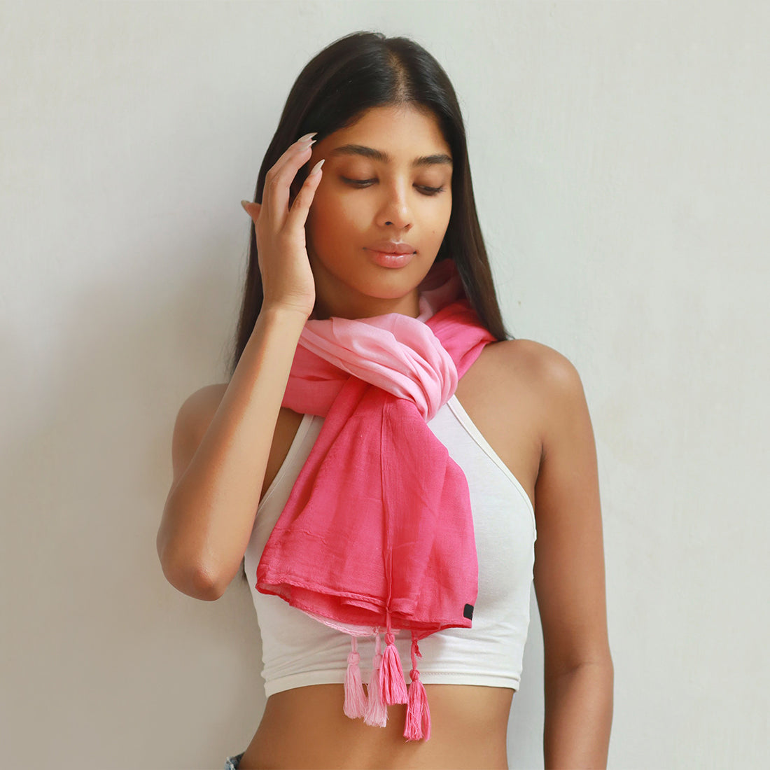 Pink Ombre Double Shaded Viscose Scarf with Corner Tassels