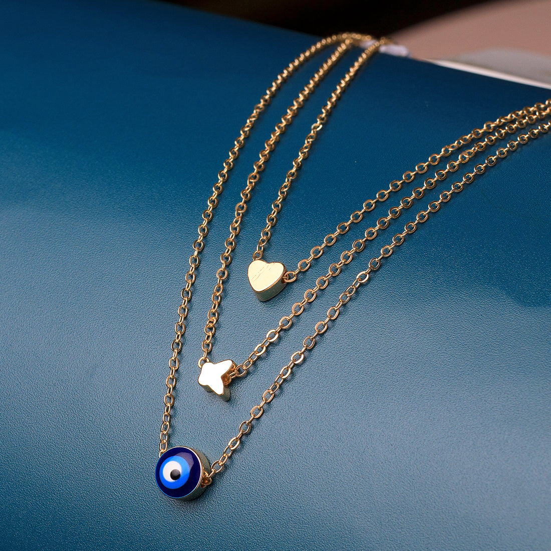 Trendy Triple Layer Gold Necklace - Evil Eye, Heart, Butterfly Pendants