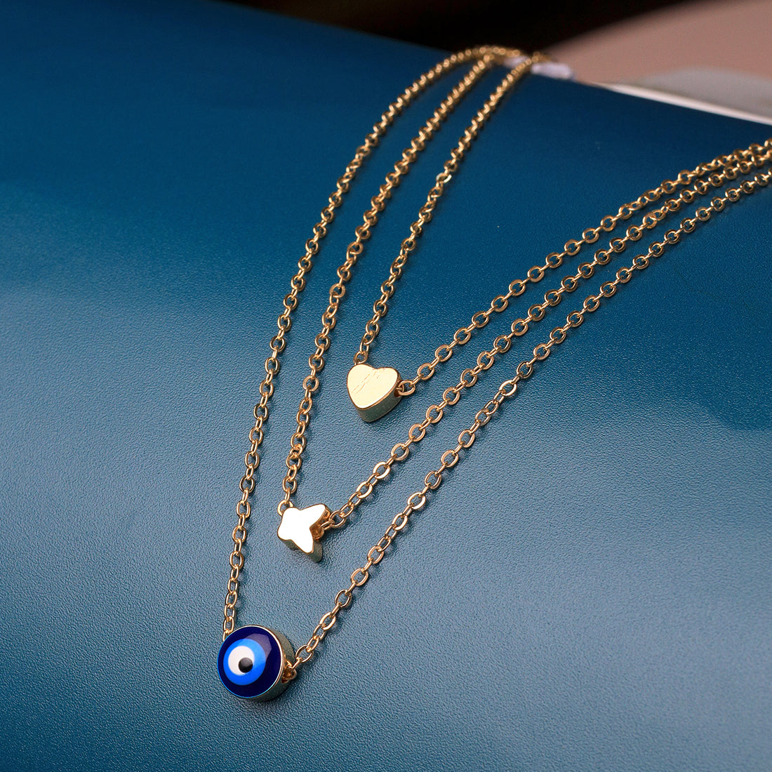 Trendy Triple Layer Gold Necklace - Evil Eye, Heart, Butterfly Pendants