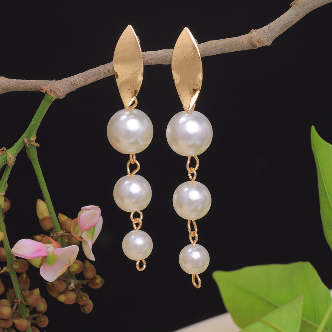 Elegant Gold-Toned Earrings Featuring A Trio Of Lustrous Pearl Drops.
