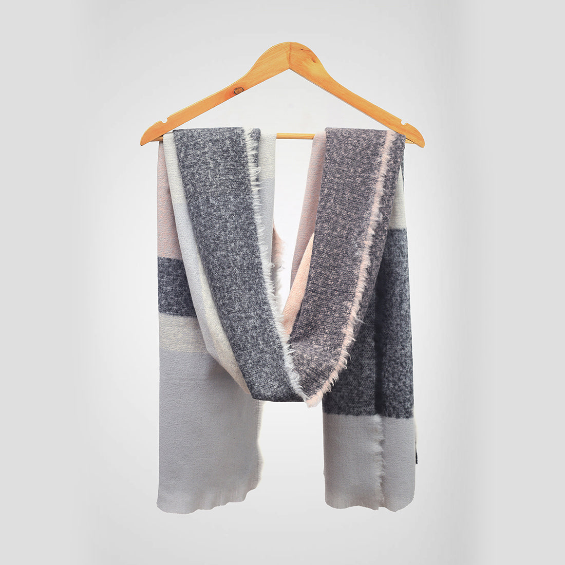 Geometric Winter Scarf In Grey, Black, And Rose With Fringes