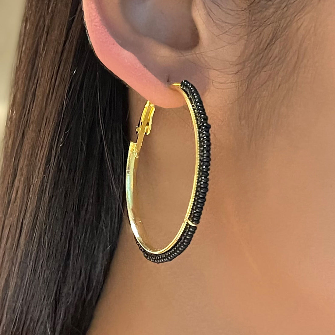 Set Of 3 Gold-Toned & Black Beaded Hoop Earrings