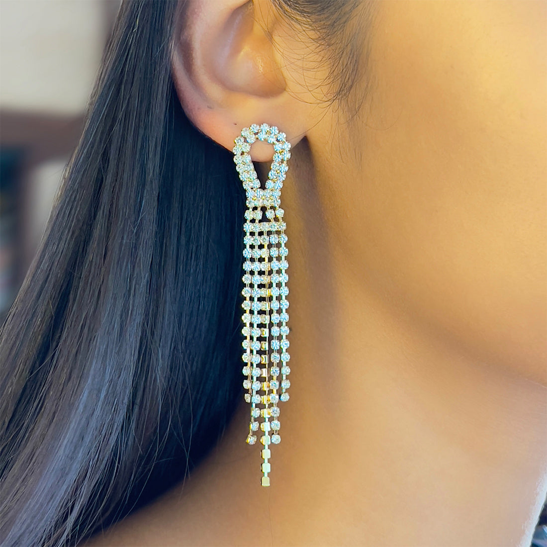 Contemporary White Diamante Crystal Studded Gold-Toned Long Tassel Drop Earrings