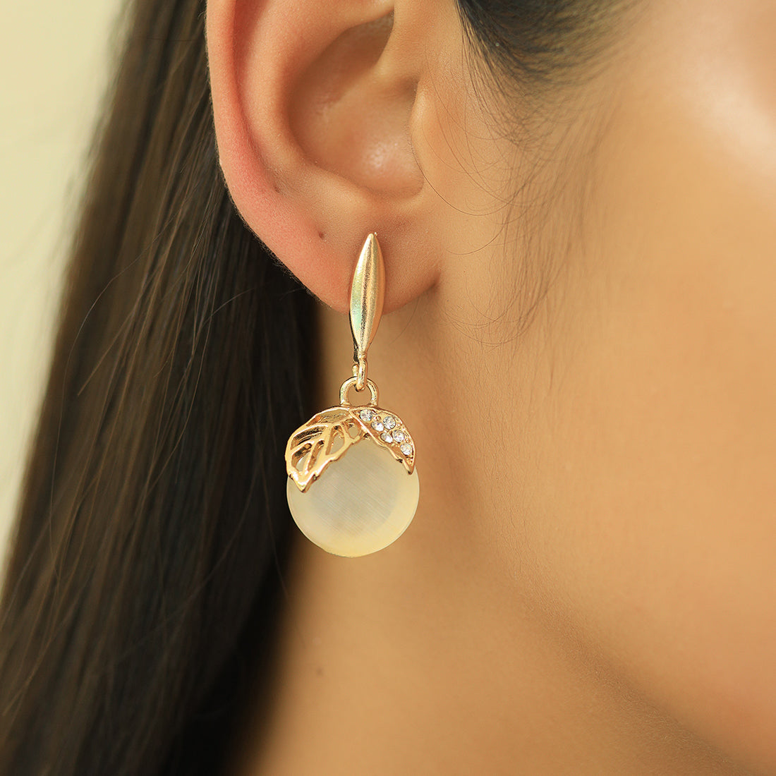 Elegant Leaf Pattern Gold-Toned Earrings With Moonstone And Diamonti Drops