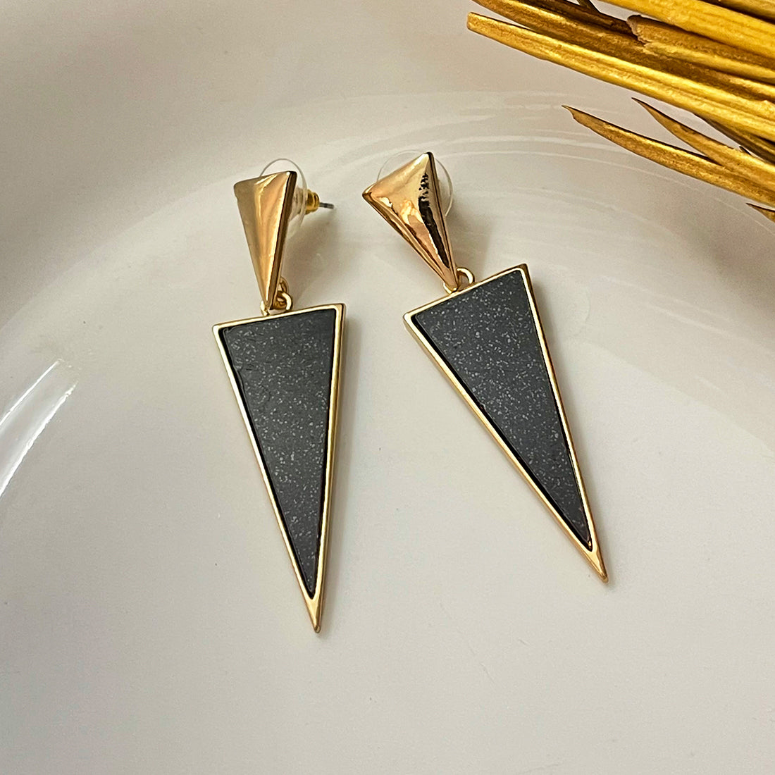 Contemporary Black Acrylic Gold-Toned Double Triangular Drop Earrings