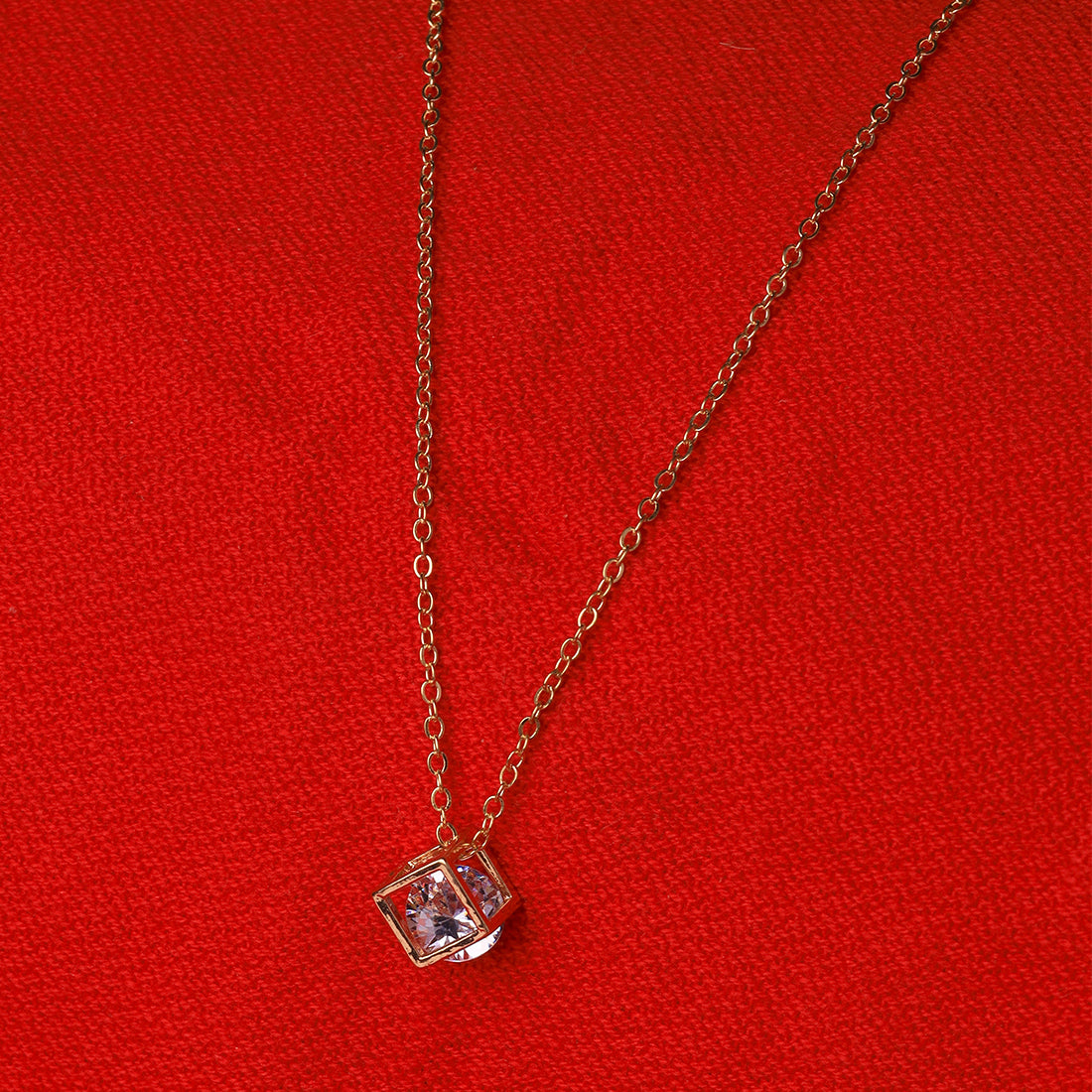 Single Layer Dainty Gold Necklace - 3D Cube with Diamante