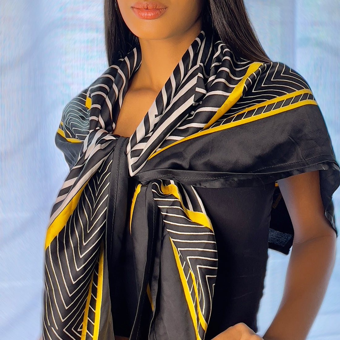 Black, Yellow & White Abstract Striped Satin Multipurpose Square Scarf