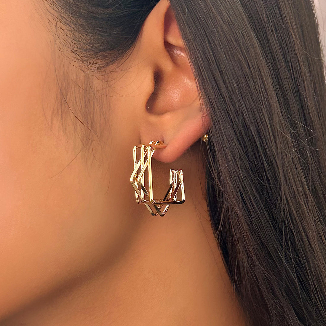 Layered Overlapping Square Gold-Toned Star Shaped Open-Hoop Earrings