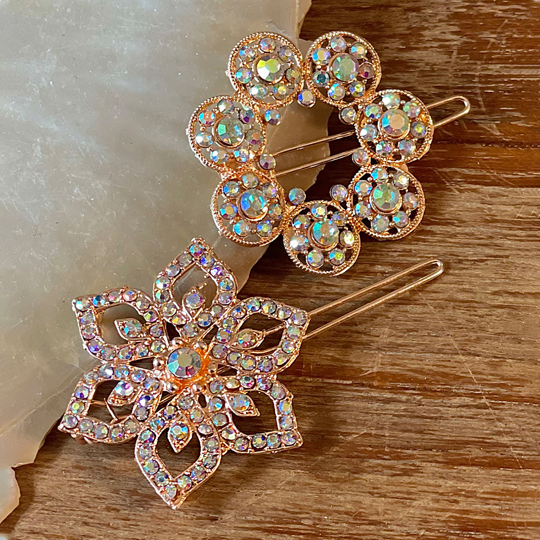 Sparkling Set Of 2 Rose Gold Flower Side Clips With Diamantes