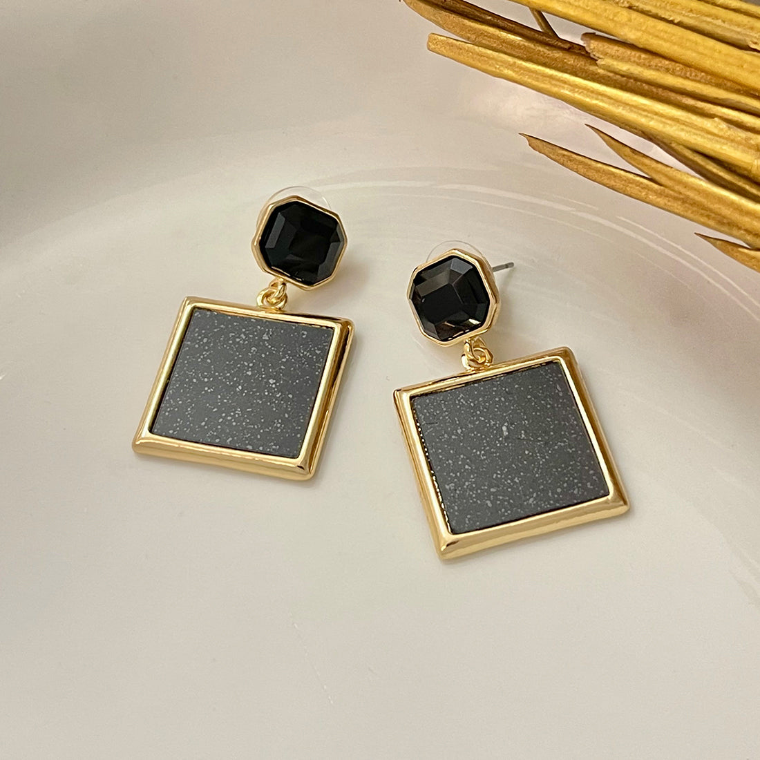 Contemporary Black Acrylic Gold-Toned Hexagon Rhinestone with Square Drop Earrings