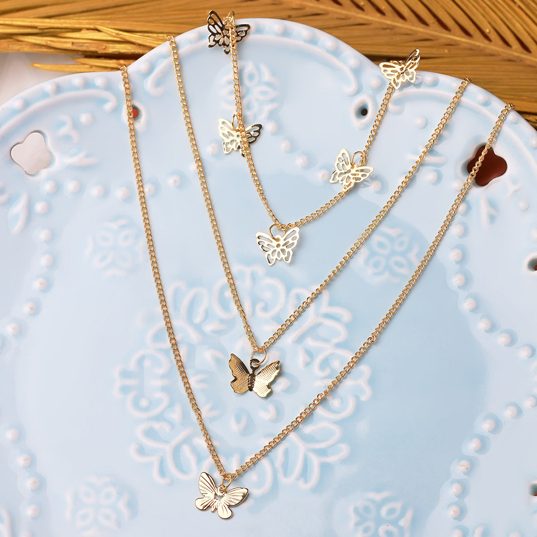 Triple Layer Gold Necklace - Multiple Flying Butterflies