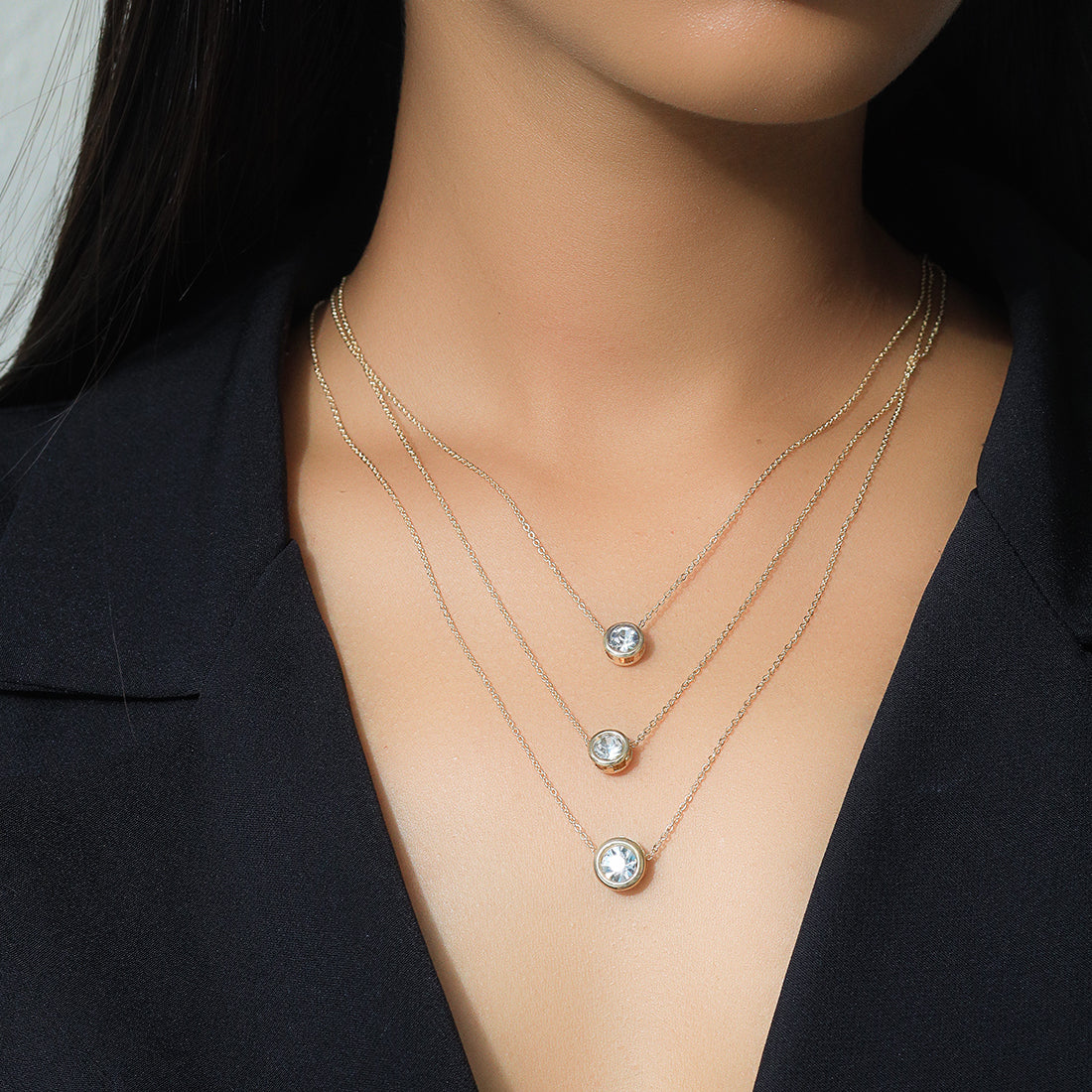 Three-Layered Diamond-Accented Small Round Pendant Necklace