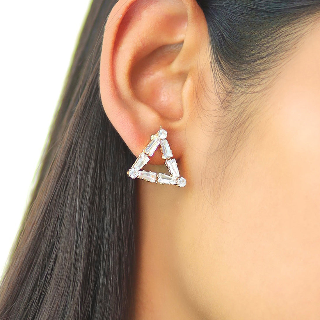 Rhinestone Studded Triangular Gold-Toned Stud Earrings
