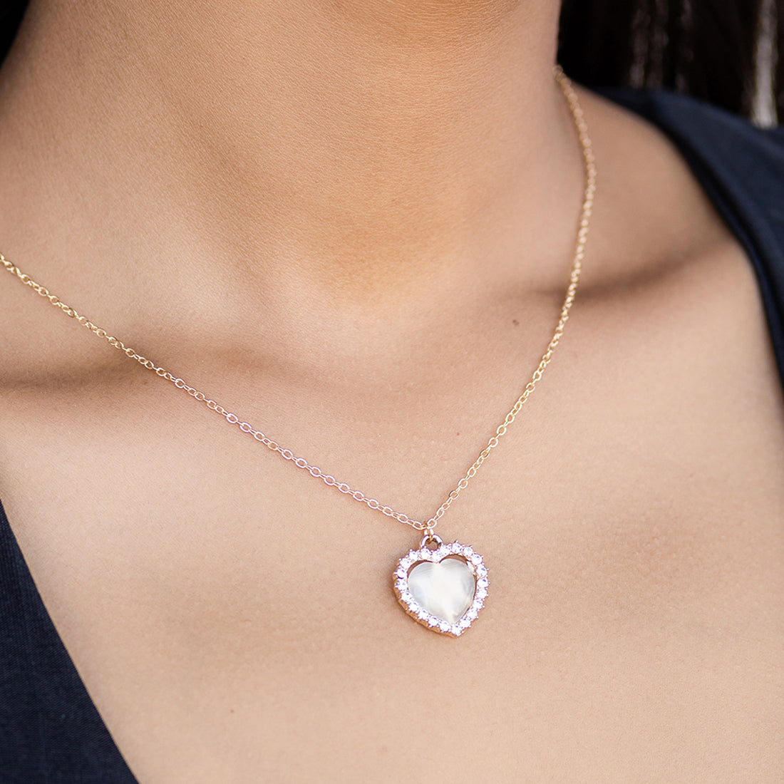 Ayesha Mini Heart Diamante Studded Moonstone Pendant Gold-Toned Necklace