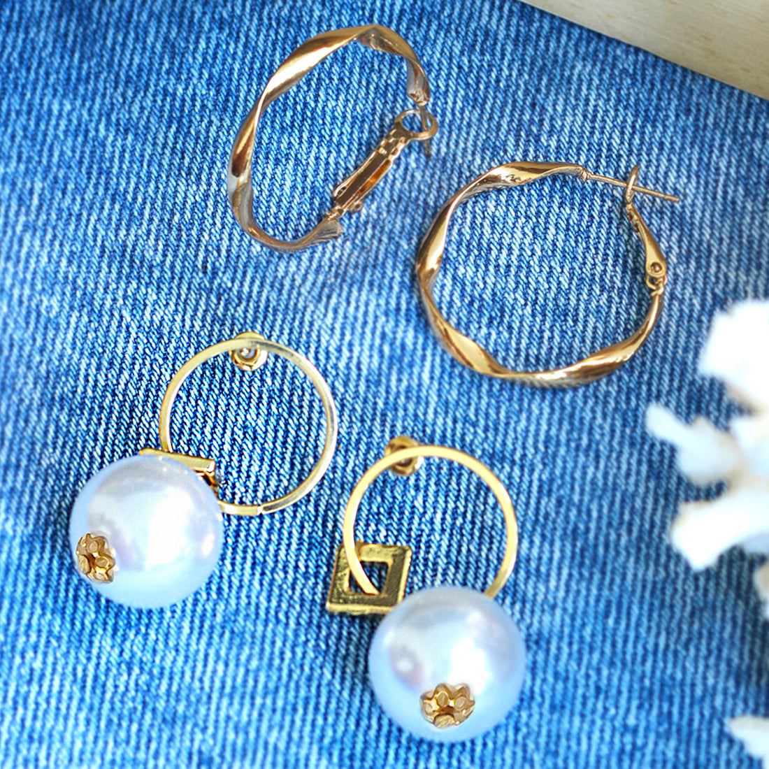 Set Of 2 Gold-Toned Twisted Hoops & Circular Pearl Drop Earrings