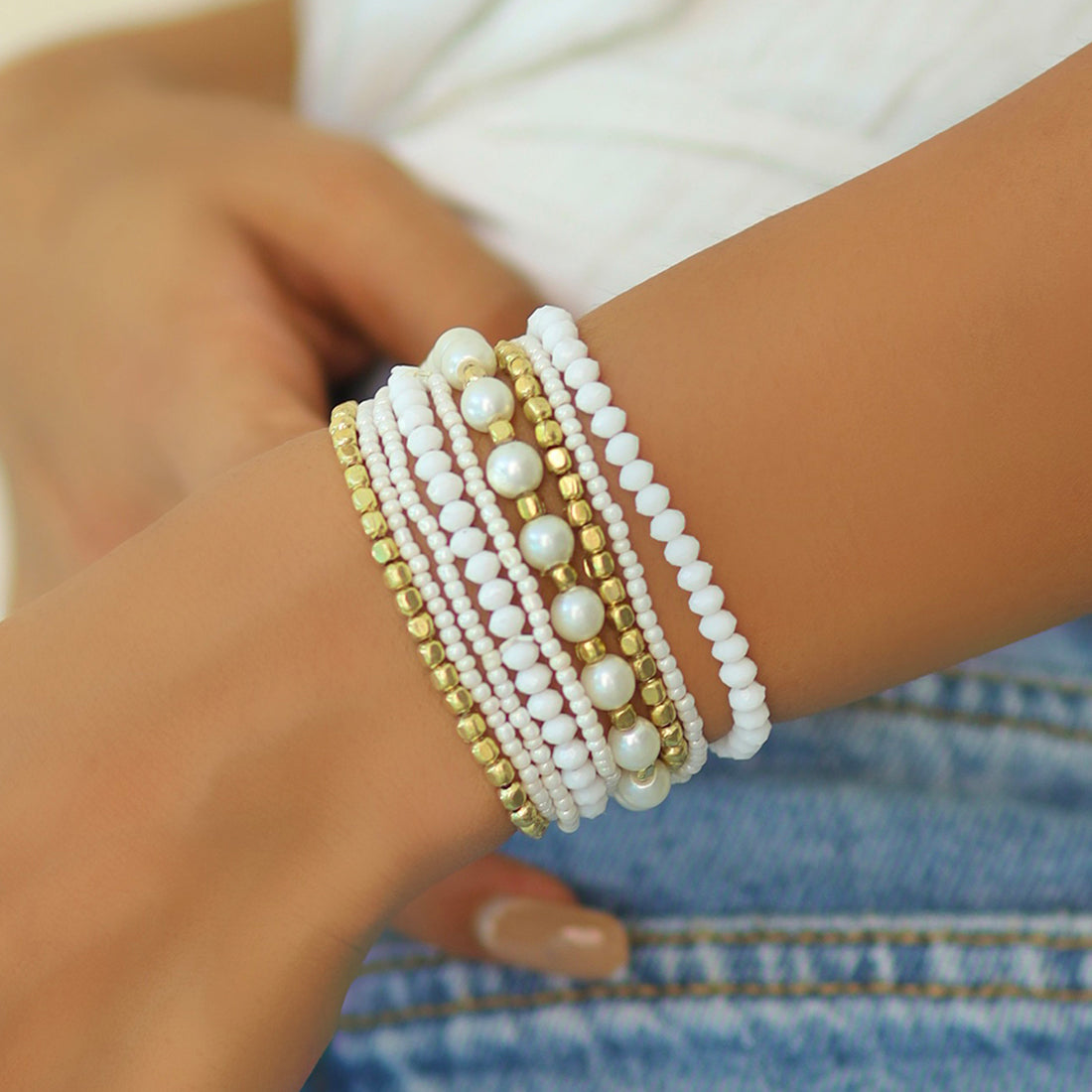 Beaded Gold & White Multilayered Elastic Boho Bracelet