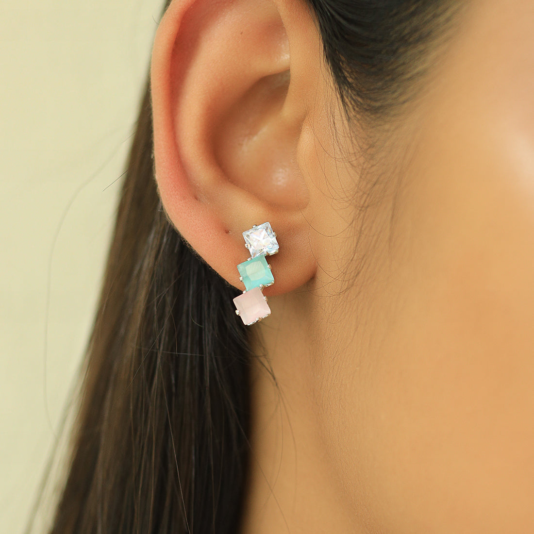 Triple Stone Stud Earring - Pink, Blue, Diamond