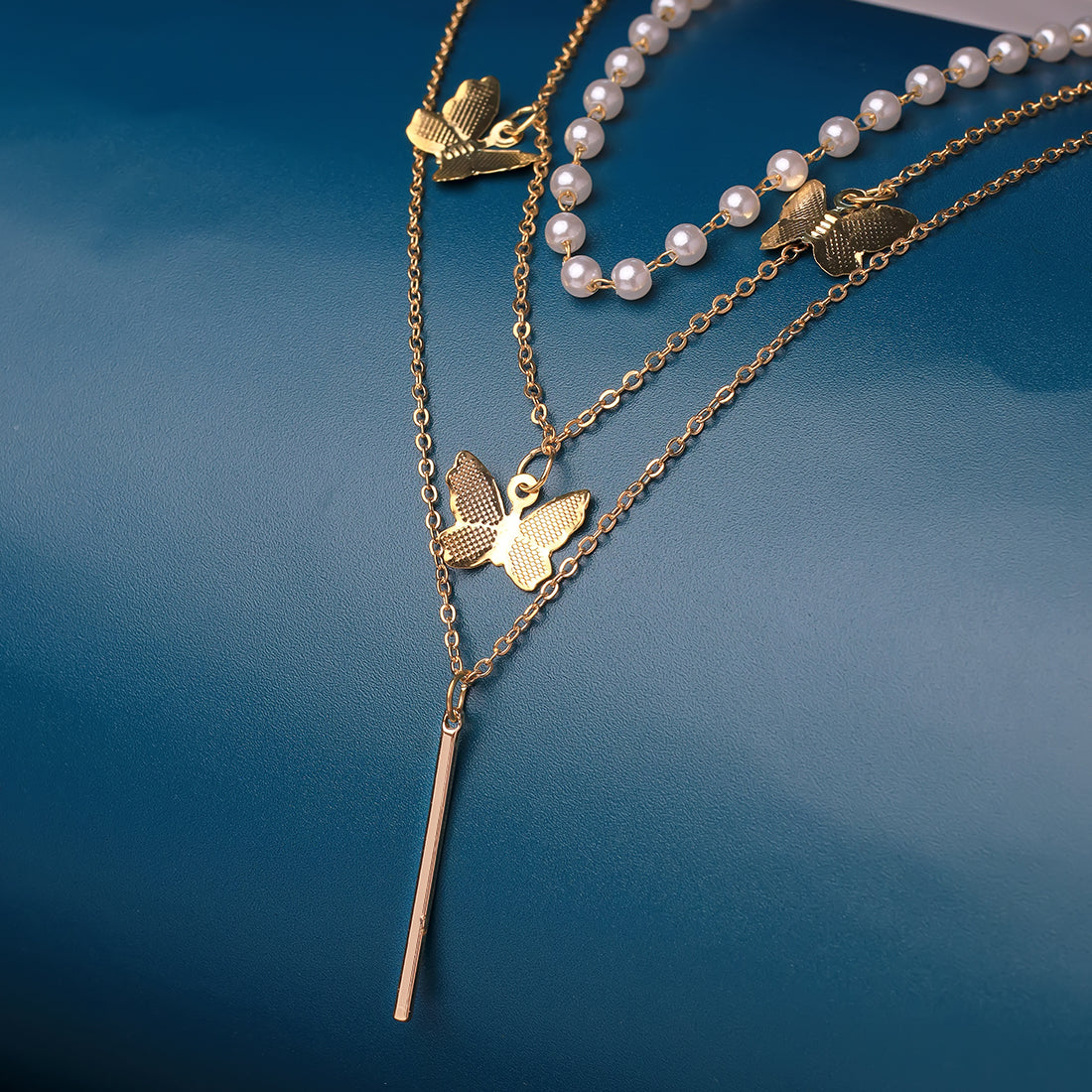 Trendy Butterfly Pendants Three Layered Gold Necklace with Pearls Chain