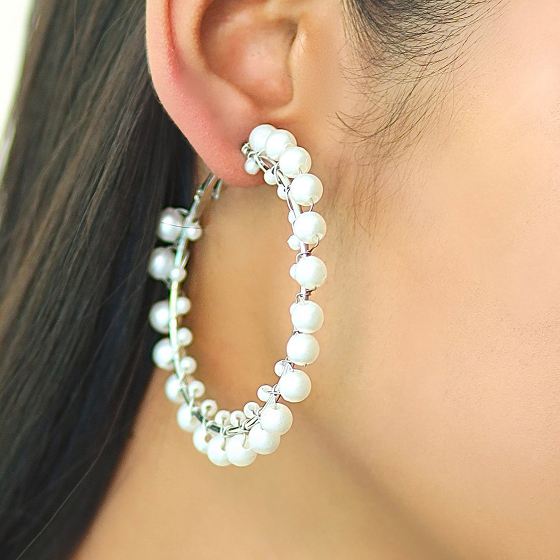 Oversized Silver-Toned Pearl Studded Hoop Earrings