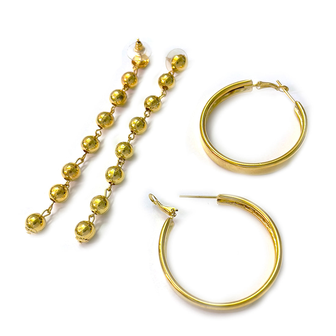 Set Of 2 Metallic Gold-Toned Long Circular Drop Earrings & Hoop Earrings