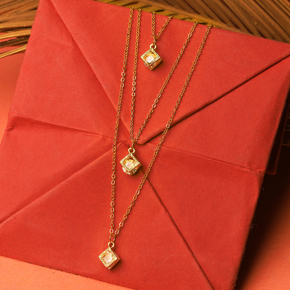 Triple Layer Gold Necklace - 3D Cube with Diamante