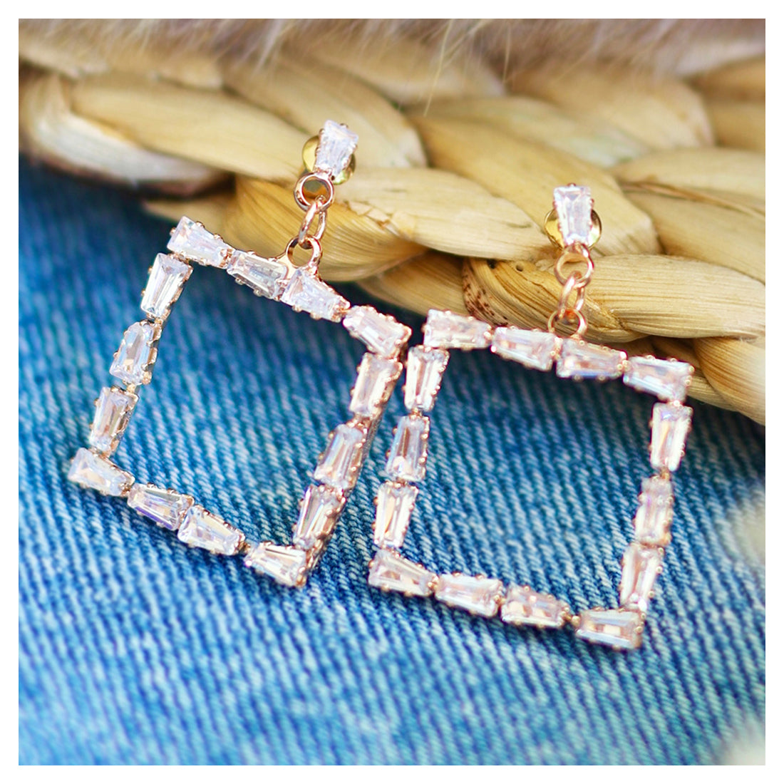 Square Rhinestone Studded Rose-Gold Toned Drop Earrings