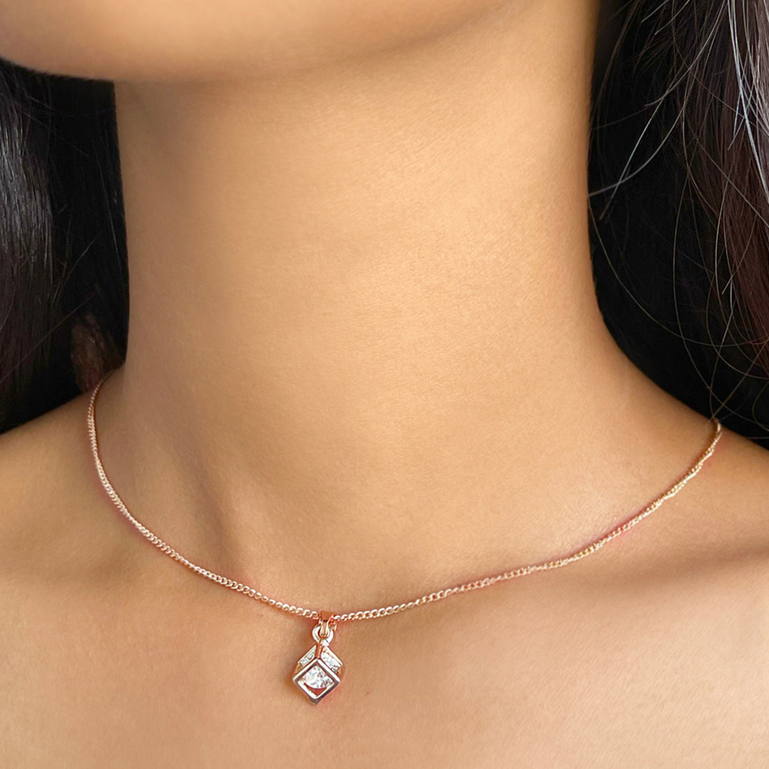 Cube Diamante Mini Pendant Rose-Gold Toned Dainty Necklace