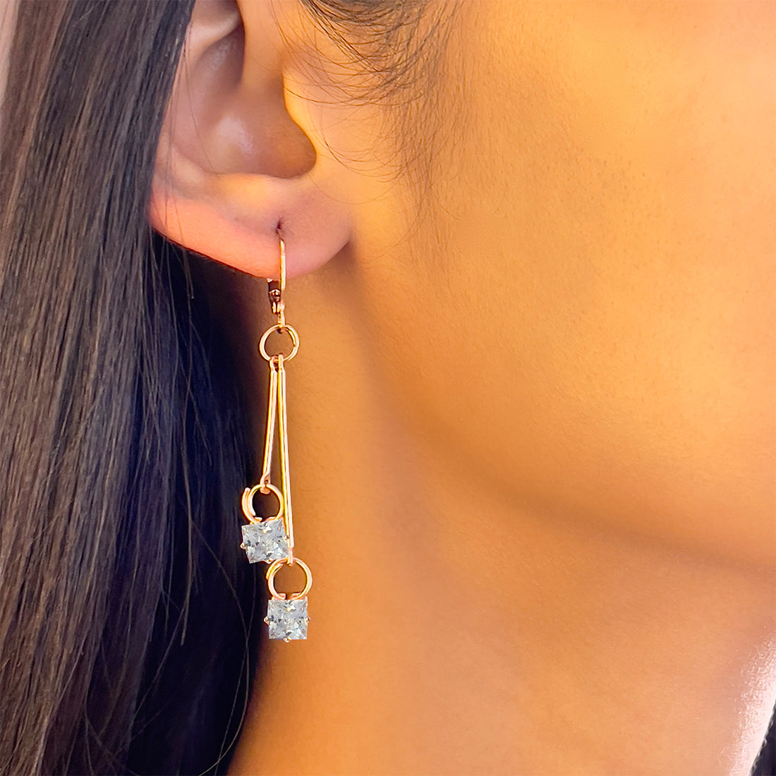 Square White Crystal Diamante Stud Rose Gold-Toned Hoop Drop Earrings