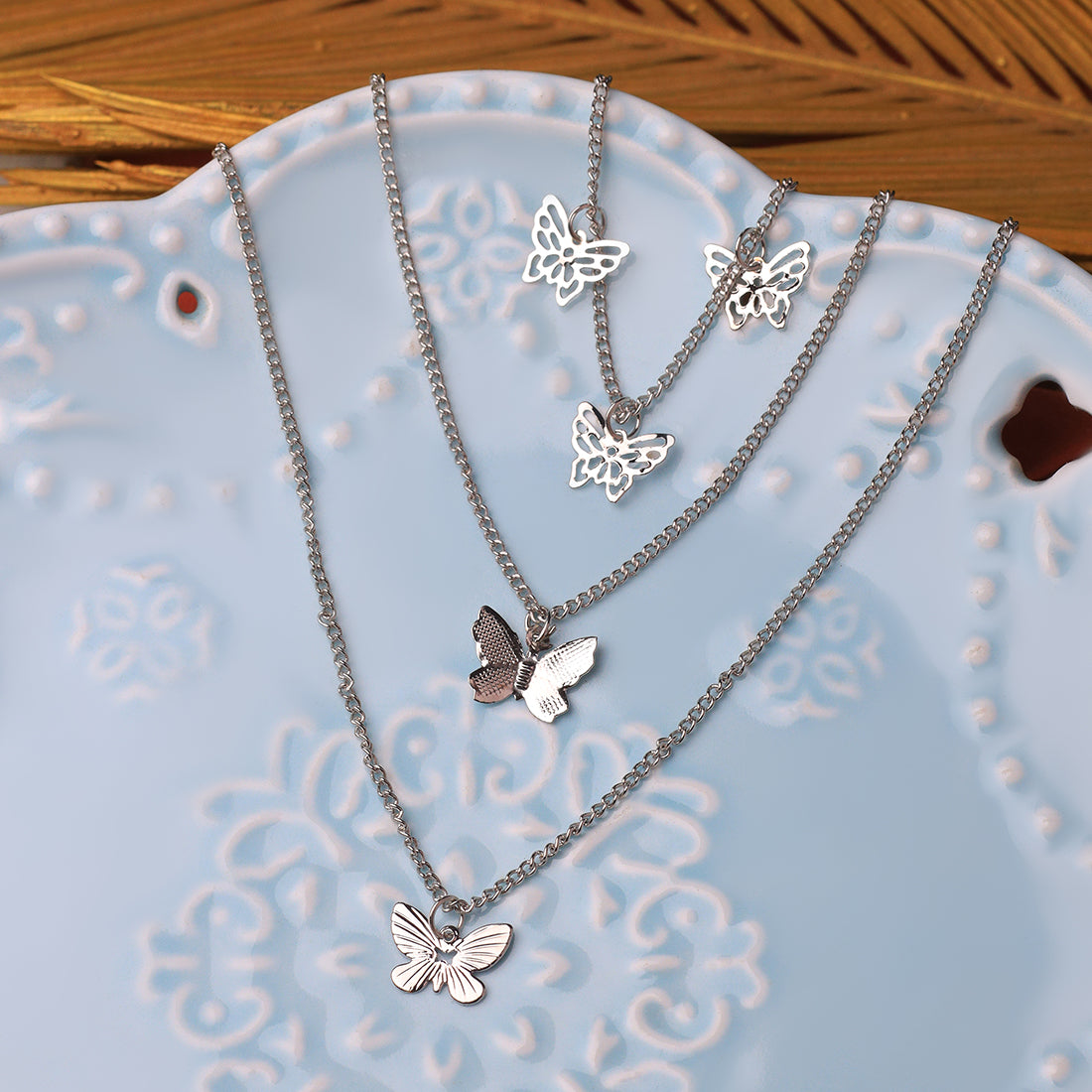 Triple Layer Silver Necklace - Multiple Flying Butterflies